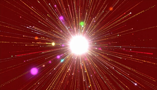 Vibrant Light Explosion on Red Background with Golden Streaks　赤みを帯びた暗い背景に、中心の白い光、光の放射と金色の軌跡