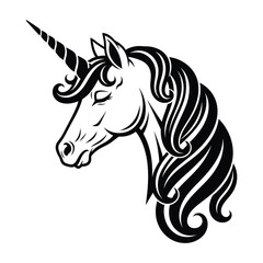 Stylized black and white unicorn head with flowing mane