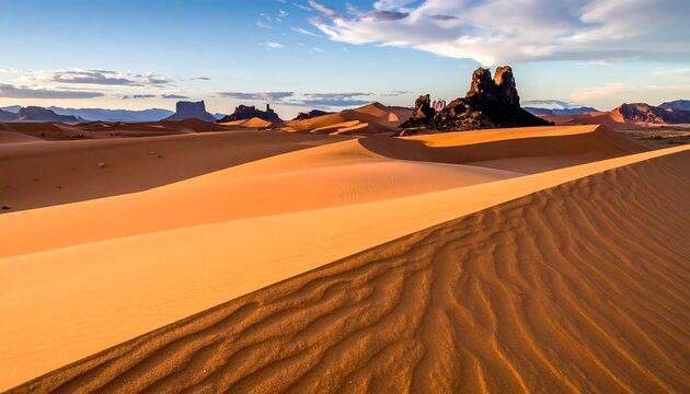 Panoramic view of vast desert with dunes, rock formations under blue sky