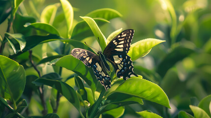 Butterfly perched on green leaves