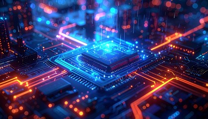 Obraz premium Glowing Circuit Board and CPU ホログラムのように青く輝く電子回路基板上の未来的なCPU デジタルイラスト