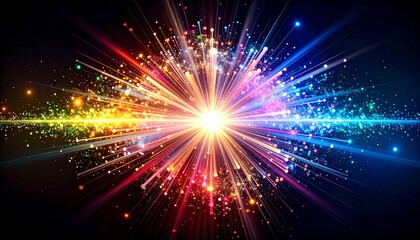 Obraz premium Colorful Light Particles Explosion Starburst Background 黒背景に、カラフルな七色の光と粒子の爆発の背景 デジタルイラスト