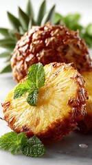 Grilled Pineapple Slices with Fresh Mint Garnish on Marble Surface