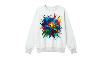 White casual garment features a vibrant, abstract explosion of colorful graphic elements centered on the chest area.