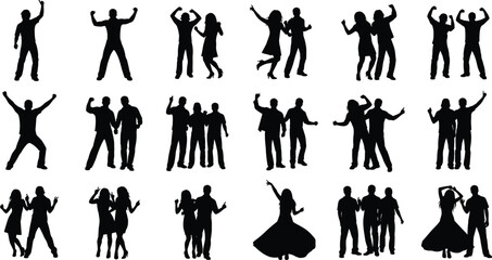 Silhouette dancers in motion, energetic dance poses, couple choreography, modern performance art, expressive movement, black figures, creative design illustration