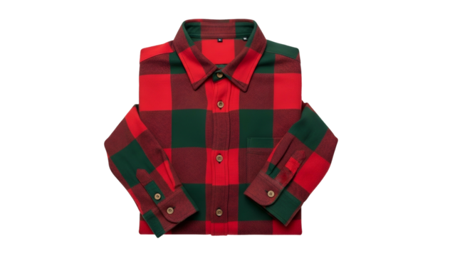 Folded woolen garment displays bold red and deep green buffalo check pattern centered on a black backdrop