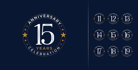 Luxury classic birthday number logo design. Anniversary symbol with star icon and emblem concept. 11, 12, 13, 14, 15, 16, 17, 18, 19, elegant years vector template