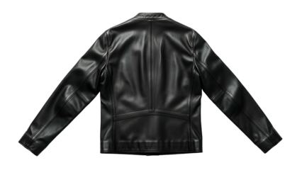 Garment rendering displays the rear view of a sleek black leather outerwear item against a dark backdrop
