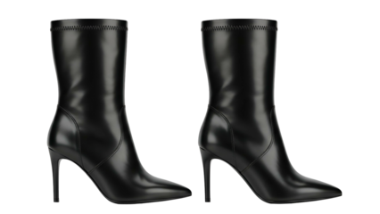 Pair of sleek black high heeled ankle boots presented against a dark background