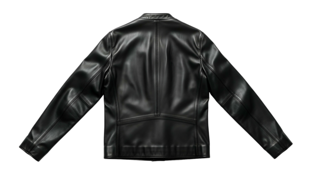Garment rendering displays the rear view of a sleek black leather outerwear item against a dark backdrop