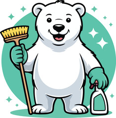 Bear Cartoon Cleaning Service Catchers Mascot Logotype Drawing Vector Illustration for Branding, Laundry, Janitorial Business, and Logo Design