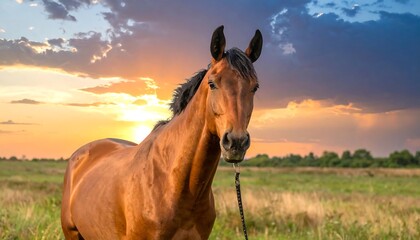 Majestic bay horse portrait standing in a vibrant sunset field scene