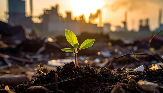 Emerging sprout grows against industrial background at sunset