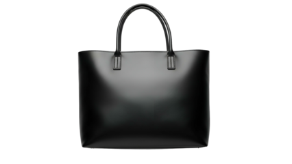 Sleek black leather tote bag displayed against a solid dark background