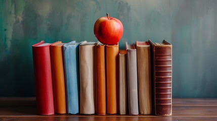 A stack of books with a red apple on top of them against a blurred green background on a wooden table