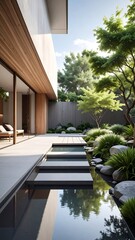 Modern home with a serene backyard pond and carefully landscaped garden