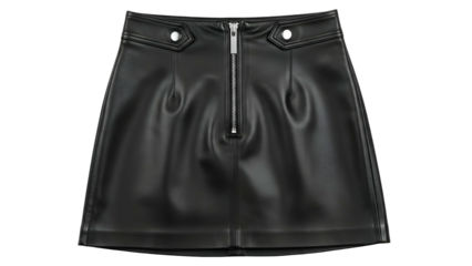 Faux leather mini skirt featuring a central zipper closure and metallic snap details