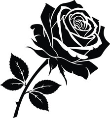Stylized black rose silhouette with stem and leaves