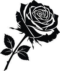 Stylized black rose silhouette with stem and leaves