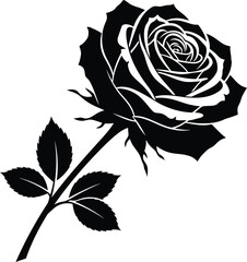 Stylized black rose silhouette with stem and leaves