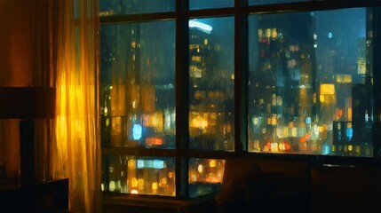 Cozy Interior with Soft Light and Rainy Cityscape View from Window, Urban Night Scene with Blurry Lights and Warm Ambiance