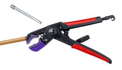 Pipe cutter with pipe and metal sleeve isolated on black background