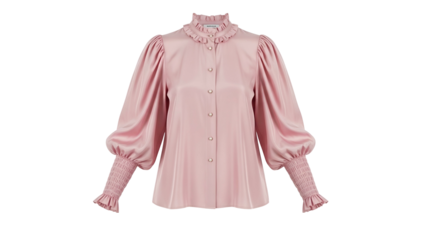 Feminine pink satin blouse features gathered neck and voluminous puffed sleeves with smocked cuffs