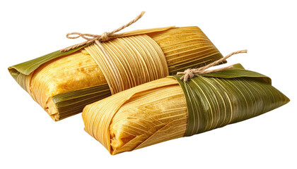 Two golden tamales, tied with string, on a transparent background