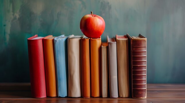 A stack of books with a red apple on top of them against a blurred green background on a wooden table