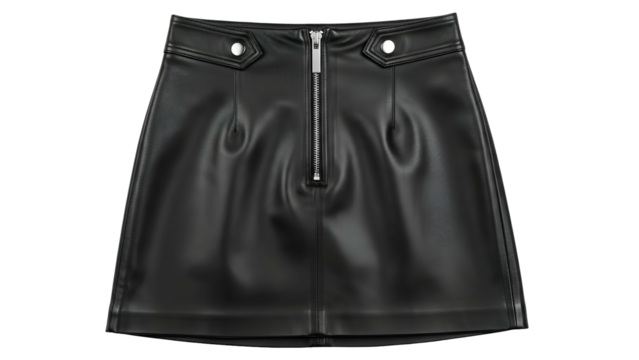 Faux leather mini skirt featuring a central zipper closure and metallic snap details