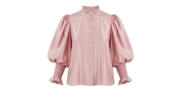 Elegant pink satin blouse featuring dramatic voluminous sleeves and ruffled cuffs against a dark background
