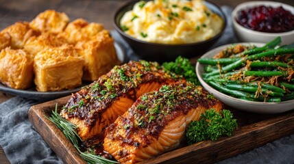 Gourmet Salmon Dinner with Sides: Mashed Potatoes, Green Beans, and Dessert