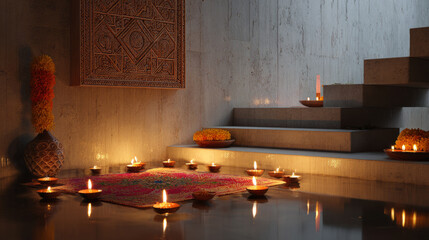 Diwali festival scene with lit diyas and decorative elements