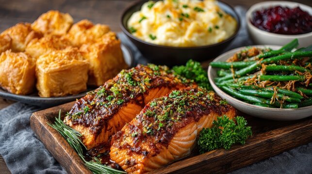 Gourmet Salmon Dinner with Sides: Mashed Potatoes, Green Beans, and Dessert