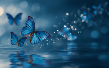 Blue butterflies flying over a serene water surface with sparkling effects