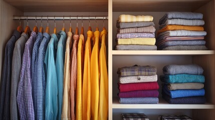 Neatly Organized Closet with Colorful Shirts and Folded Clothes Showcasing Stylish and Functional Wardrobe Arrangement in a Modern Interior Space