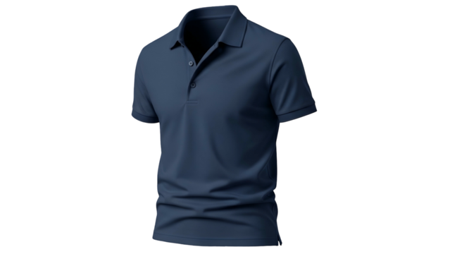 Realistic rendering of a dark blue short sleeve collared garment displayed against a solid black background