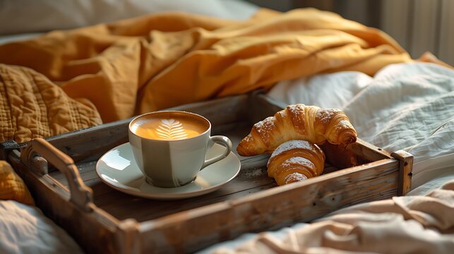 A tray with coffee and croissants on a bed with yellow and white sheets in soft morning light