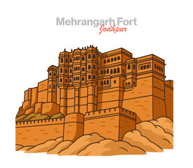 Mehrangarh Fort, Jodhpur&mdash;majestic sandstone citadel above the Blue City. Vector for Rajasthan travel, royal history, heritage education, culture guides and Indian architecture projects.