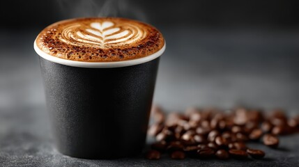 Steaming Latte Art in Black Paper Cup with Coffee Beans on Dark Background