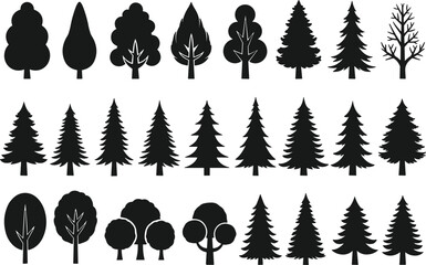 Set of different tree silhouettes isolated on white background, various forest and nature plant shapes, vector illustration for eco design and landscape art