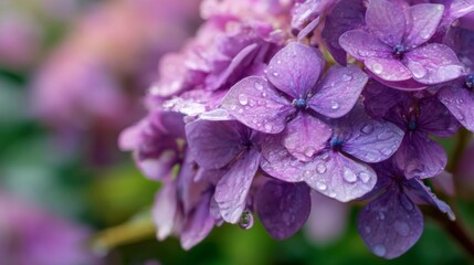 Close-up of delicate purple hydrangea flowers with droplets of water clinging to their petals, showcasing nature's beauty and vibrant colors in springtime.