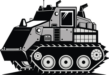 Fototapeta premium Illustration of a futuristic armored vehicle with angular design, large windows, and tank-like tracks. The monochrome style conveys a robust and industrial feel.