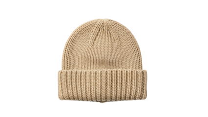 Knitted beige headwear item displays prominently against a solid black background