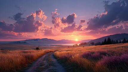 Scenic Landscape at Sunset with Winding Path, Golden Fields, and Pink Clouds