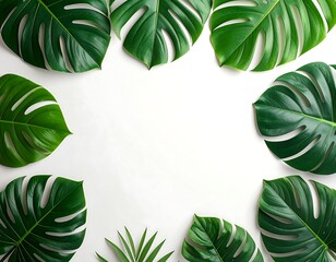 Fototapeta premium Large, vibrant green tropical leaves arranged around a white space, creating a natural frame. Ideal for background designs