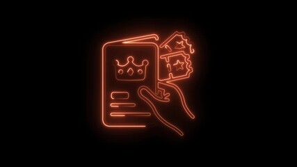 Hand holding royal event pass with tickets in orange neon style animation