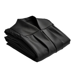 A folded black academic graduation gown with a textured pattern isolated on transparent background