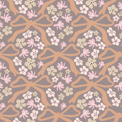 Vector cute Coquette seamless pattern with ribbon bows and flowers. Country style 
