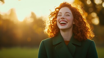 Joyful red-haired woman laughing outdoors in golden light, exuding happiness and freedom in a vibrant autumn setting with a stylish green coat